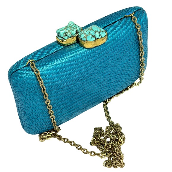 Tixxi & Co. Handbags - Woven Straw Clutch Bag Turquoise Stone Clasp Tixxi & Co Handmade Boho EUC